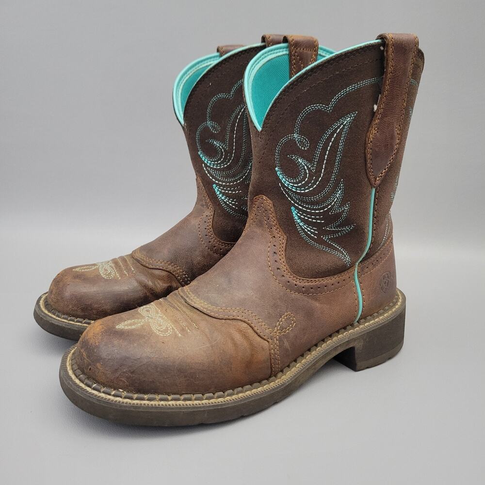 Ariat FatBaby Boot Women's Size 7.5 B Short Brown Leather Teal Blue Emboidery